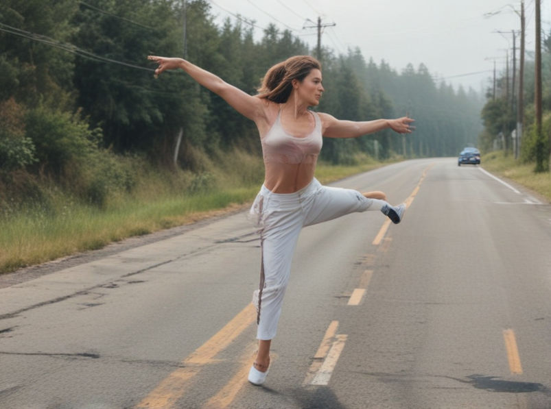 A poised woman strikes a dynamic dance pose beside her parked car, one leg gracefully extended behind her as she reaches upward with her arms.