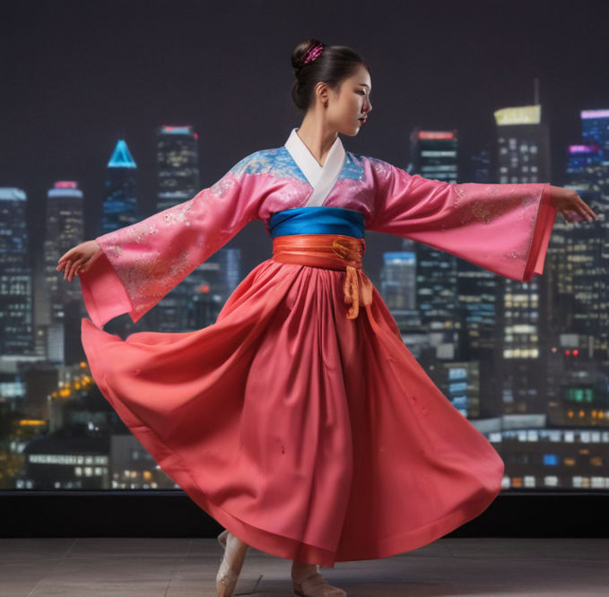 In city lights, a dancer blends Korean tradition with modern style in a hanbok-inspired outfit.